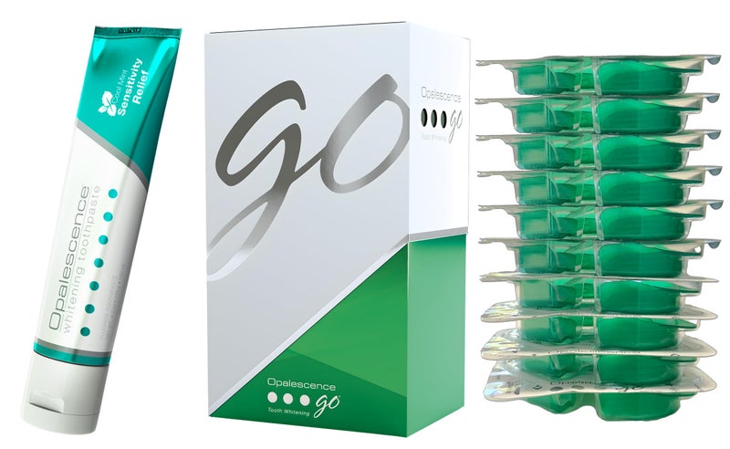 Opalescence Teeth Whitening Bundle Opalescence Go 15 Hydrogen Peroxide Prefilled Trays 10 Trearments and Sensitive Whitening Toothpaste 47 Onz Mint Flavor 51945167